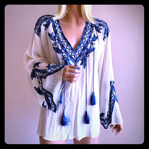 Love Sam Tops - Love Sam boho blouse blue & cream medium
